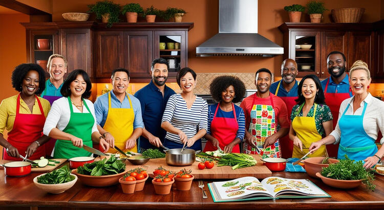 A group of people cooking together in a warm, inviting kitchen, surrounded by fresh herbs, vegetables, and stacked cookbooks, symbolizing the joy and community of home cooking.